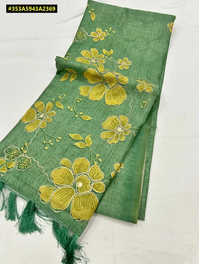 Trending Soft Spun Cotton Slub Saree - Ikkat Style Print with Mirror Work for Spring Festivals