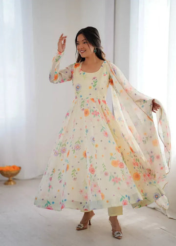 Trending Sunkissed Organza Floral Gown Set - Lightweight Festive Wear