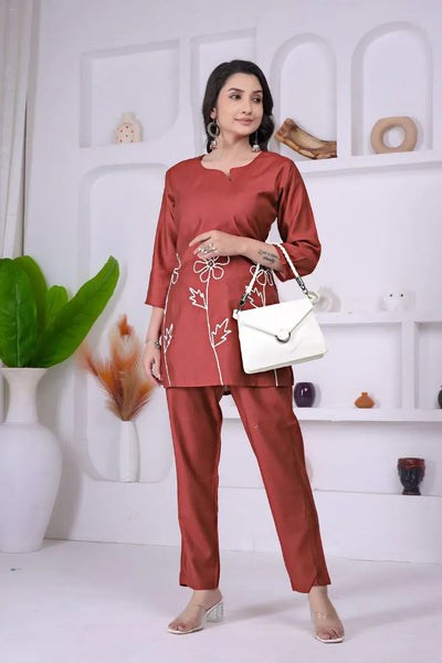 Trending Viscos Co-ord Set - Embroidered Comfort for Women