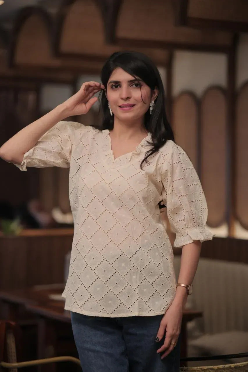 Premium Schiffli Cotton Embroidered Western Tunic Shirt with Puff Sleeves