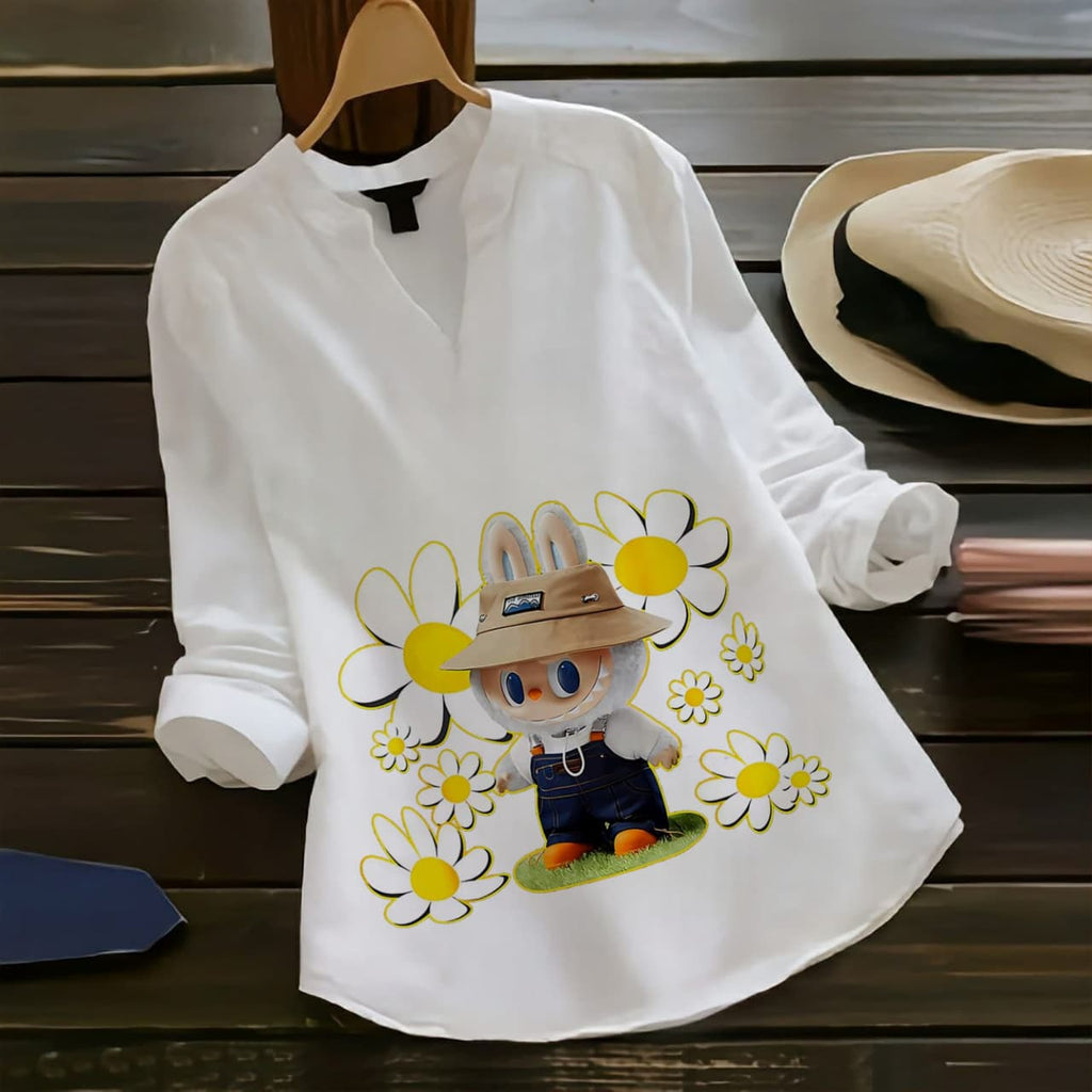 White Reyon full sleeve top with Daisy Bunny digital print for women