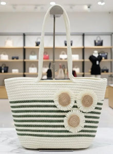 Trendy Striped Floral Woven Tote Bag for Women | Everyday Chic & Ethnic Wear | Spacious Handbag