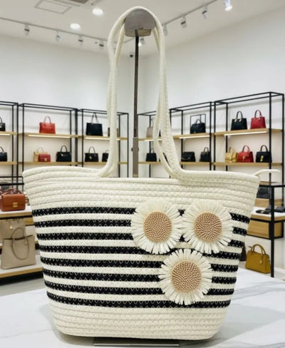 Trendy Striped Floral Woven Tote Bag for Women | Everyday Chic & Ethnic Wear | Spacious Handbag
