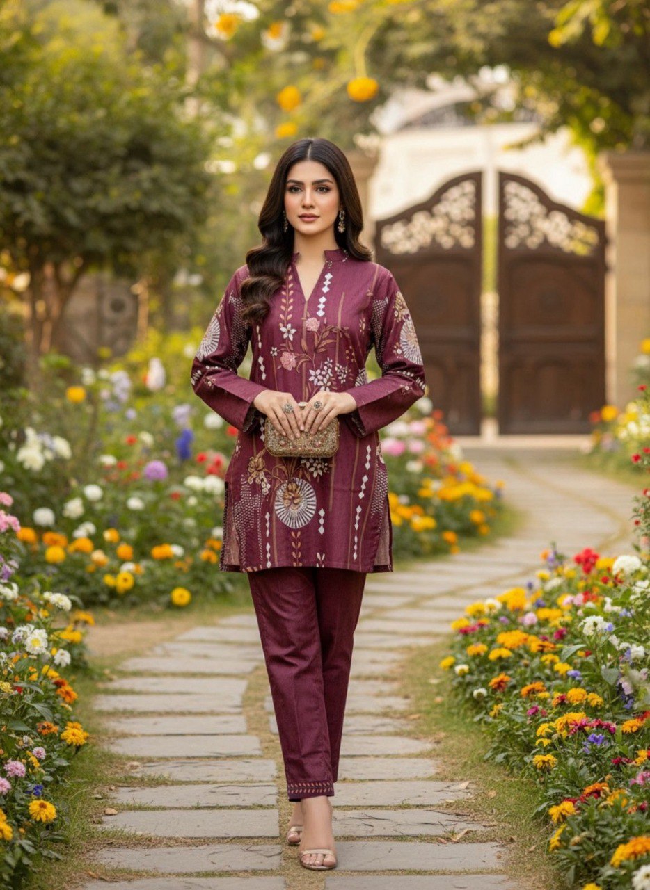 TRENDBUY women's maroon Turkish print co-ord set in linen cotton