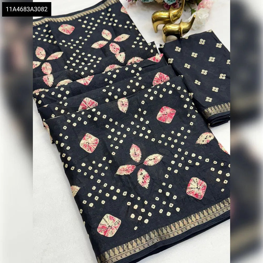 TRENDBUY Black Tussar Silk Saree with Bandhani print and jequred border, flat lay