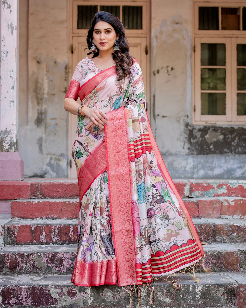 Woman wearing a graceful pink and off-white Tussar silk saree with artistic digital print, standing elegantly on steps.