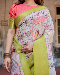 Exclusive Off-White Tussar Silk Saree with Pastel Green Zari Border for Festive Celebrations