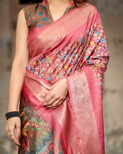 Premium Rosewood Pink Tussar Silk Saree with Floral Digital Print
