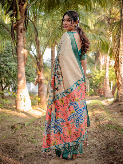 Exclusive Handcrafted Beige Tussar Silk Saree with Multicolor Digital Print and Green Zari Border