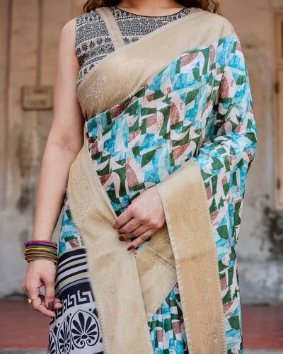 Premium Pastel Beige and Aqua Tussar Silk Saree with Modern Geometric Digital Print