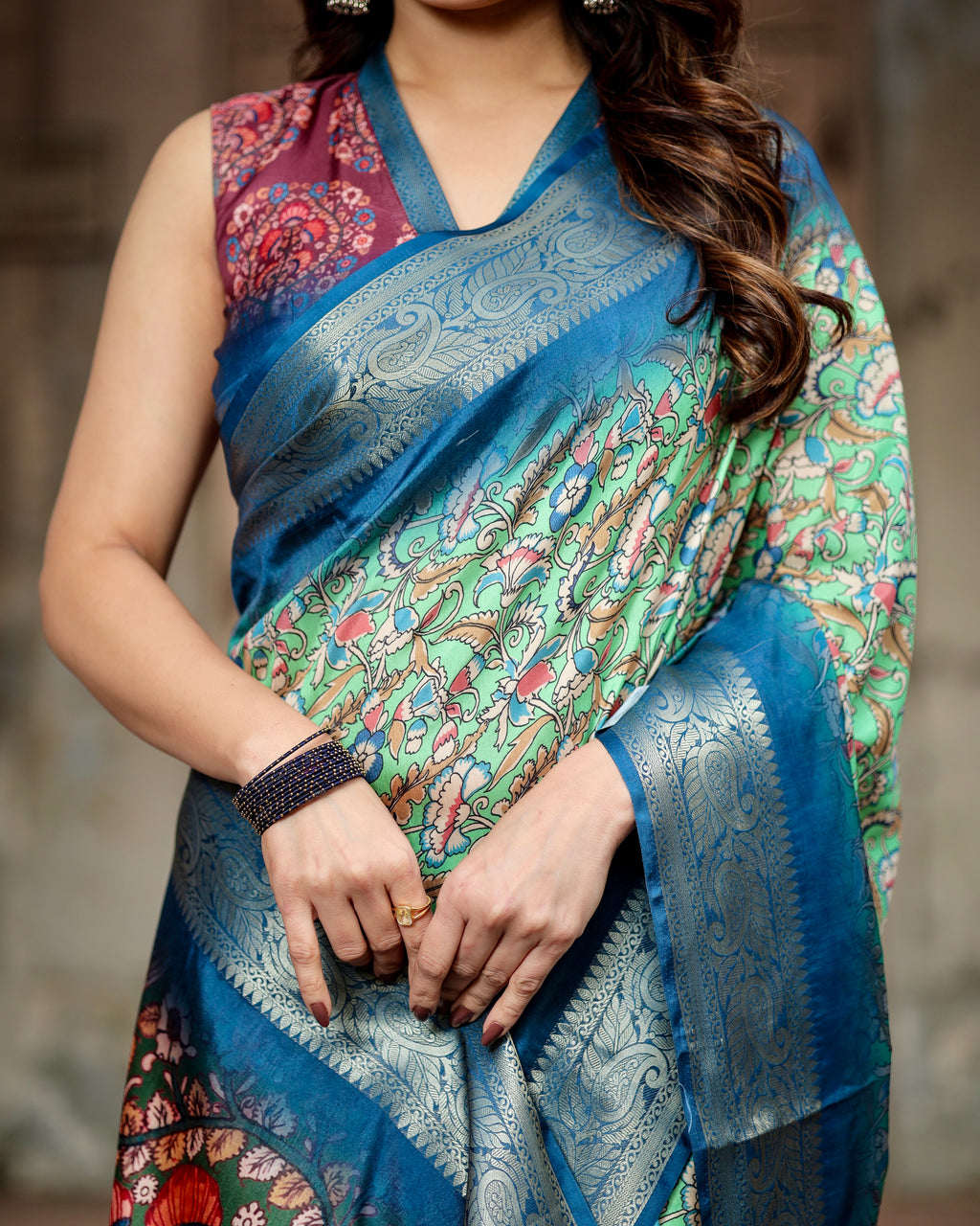 Close-up of TRENDBUY Tussar Silk Saree showing the luxurious fabric, detailed floral digital print, and elegant deep blue zari border.