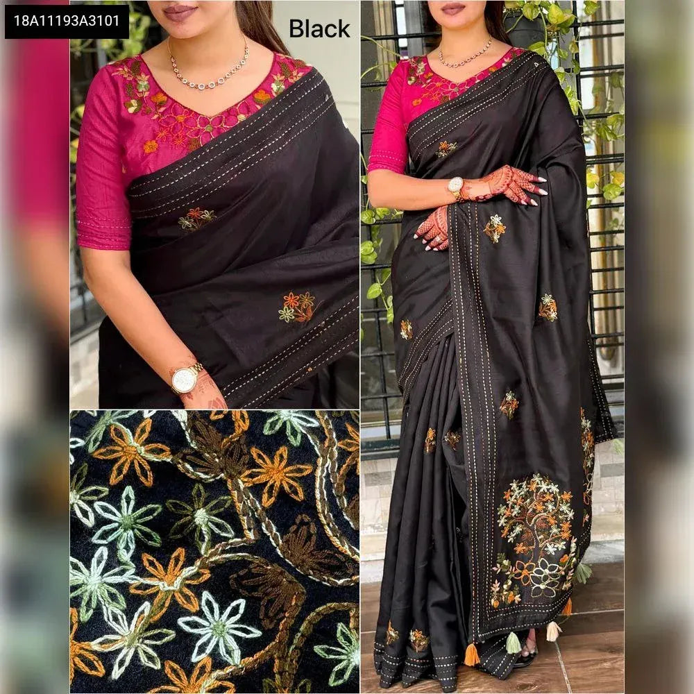 Black Tusser Cotton Saree with colorful thread embroidery and pink blouse, full view on model