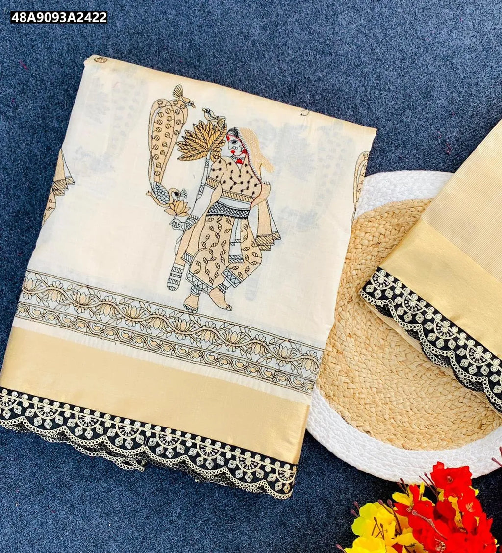 TRENDBUY Special Tusser Saree with Kalamkari design, cream and gold flat lay with blouse piece