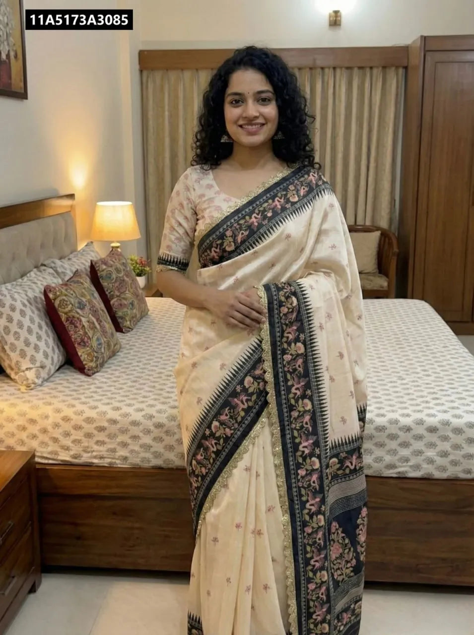 Woman smiling, wearing TRENDBUY Cream Pure Tusser Silk Saree with digital print and designer sequence border, full body shot.