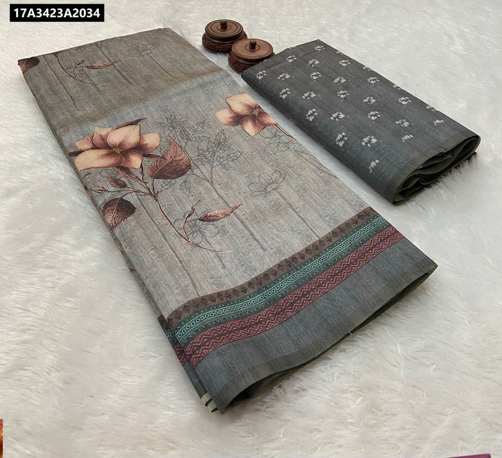 TRENDBUY Taupe floral Ikkat digital print Soft Tusser Silk Saree with contrast blouse fabric flat lay