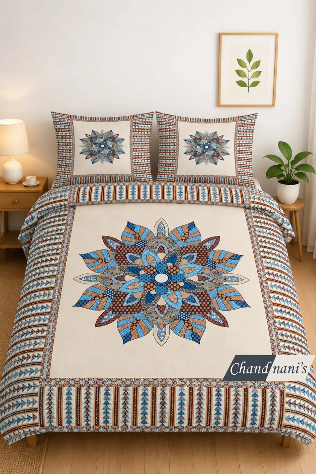 Cream and blue floral mandala 7D print super king bedsheet on a made bed with matching pillows