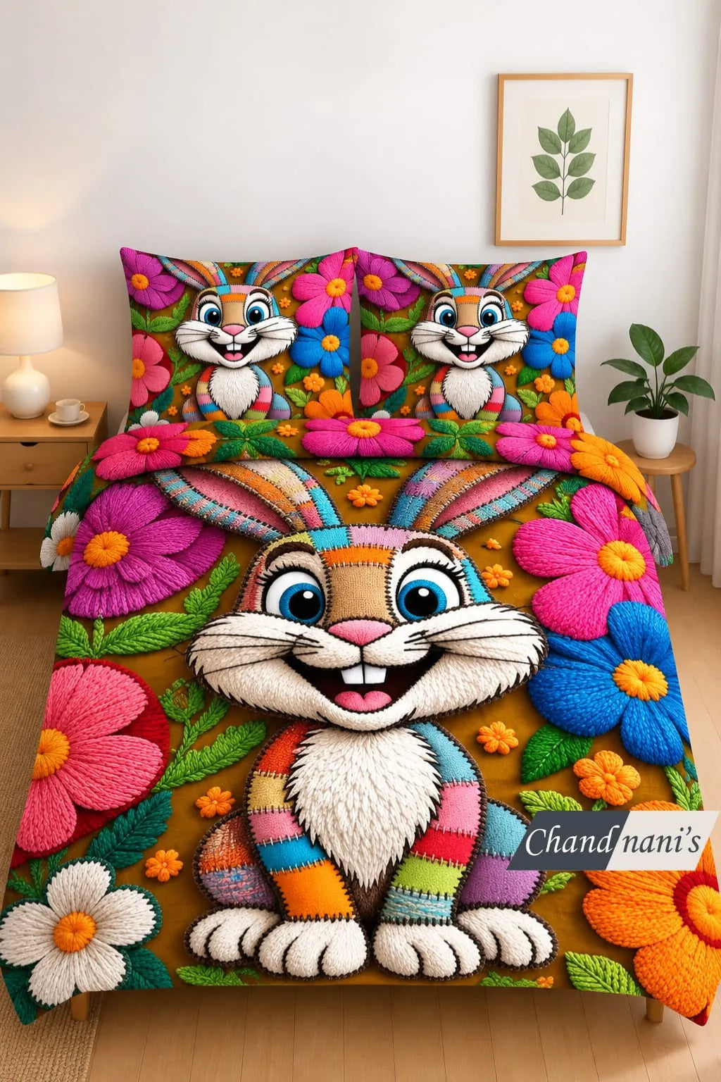 Multi color bunny rabbit 7D print super king bedsheet with matching pillow covers on bed