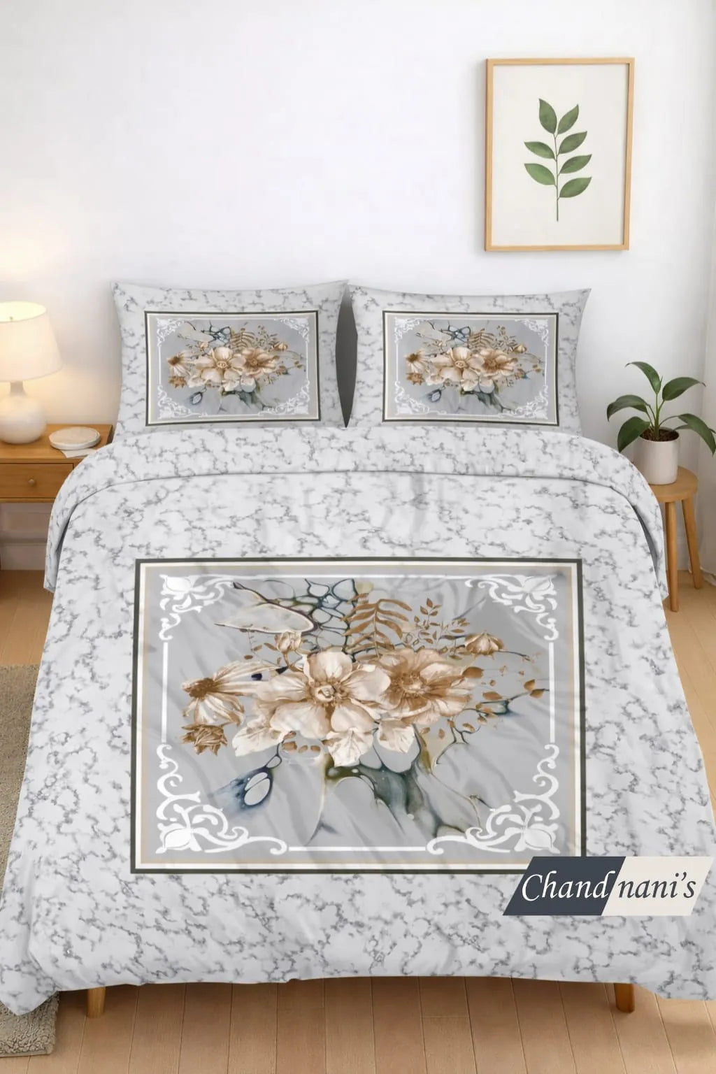 White marble background bedsheet with gold and white floral 7D print and matching pillows