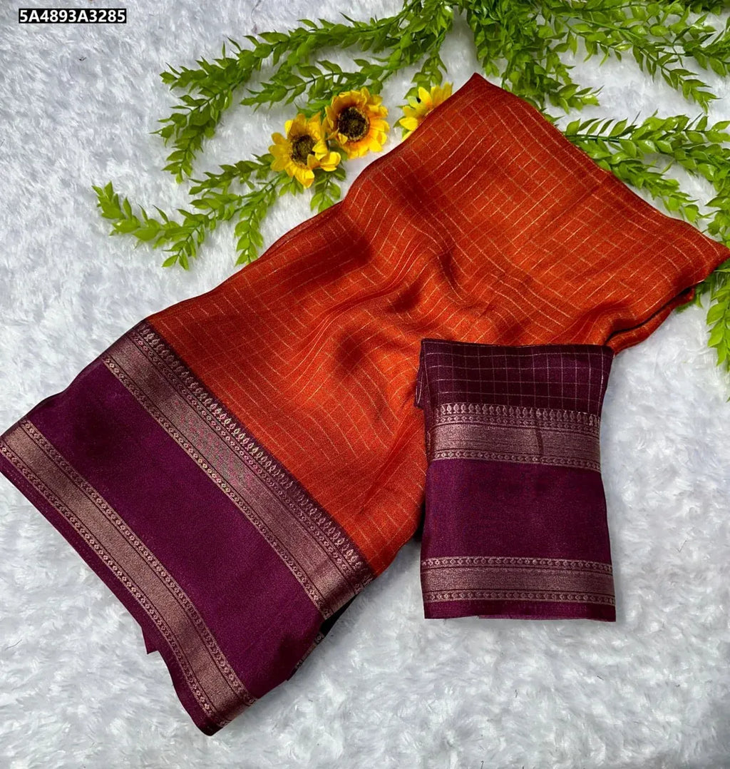 TRENDBUY Two-Tone Dola Silk Saree with Pen Kalamkari and Zari Hamsa Borders in Rust and Wine color, flat lay view.