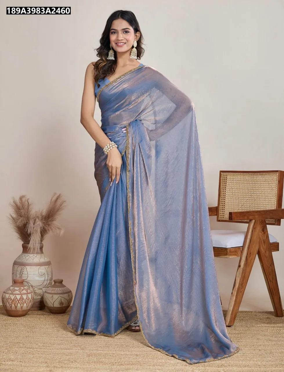 TRENDBUY Dusty Blue Metallic Two-Tone Saree with heavy lace, full body front view