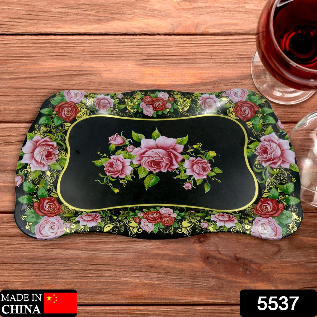 Premium rectangular stainless steel serving tray with flower print, 18x8.5 inch