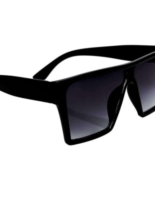 Close-up of the thick, glossy black retro square frame with dark tinted lenses.