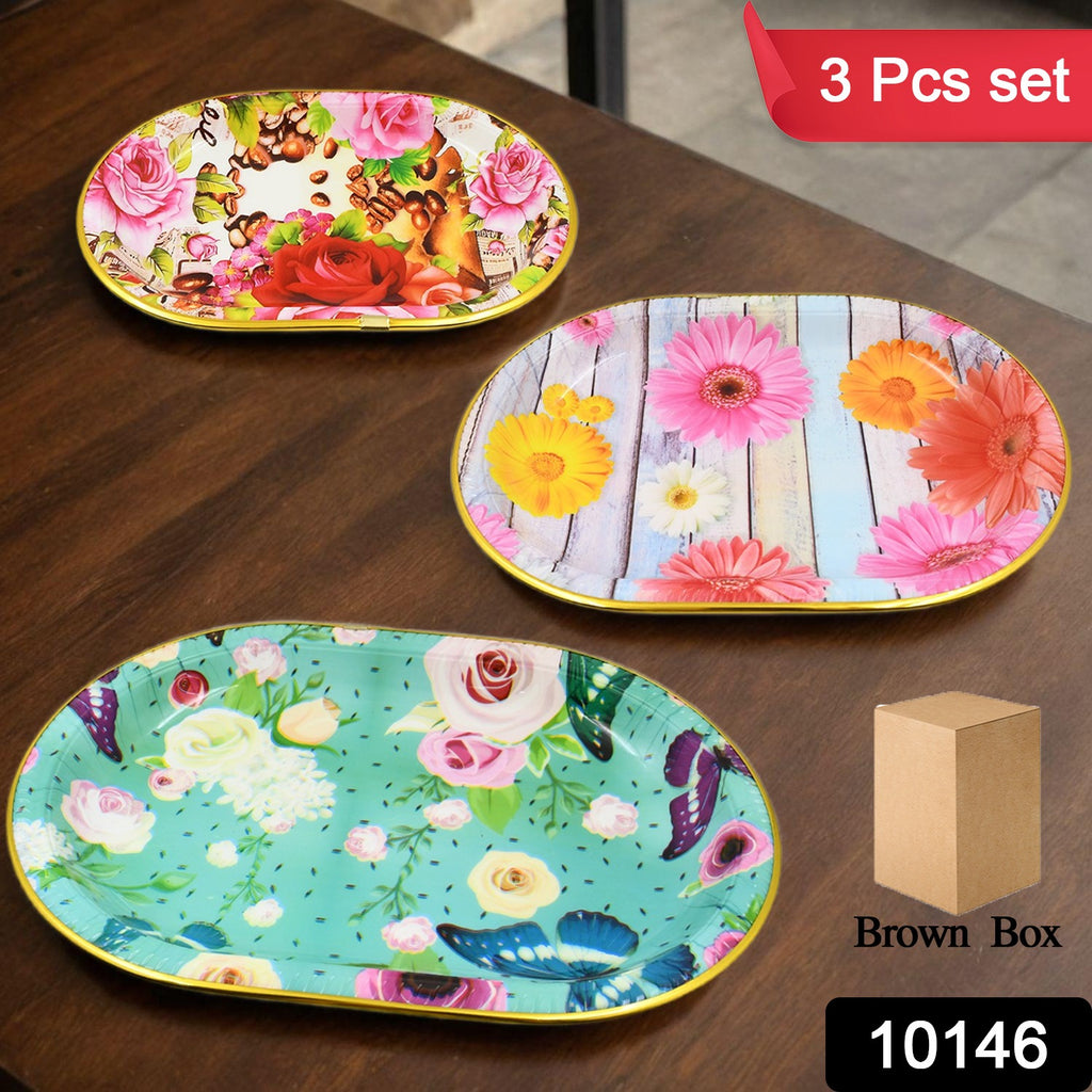Plastic flower printed design serving tray 3 pcs set mix color