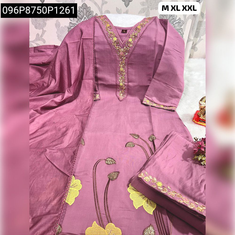 VDL Women's Hand Work Kurti Dupatta Pant Set in Lavender with Gold and Yellow Embroidery