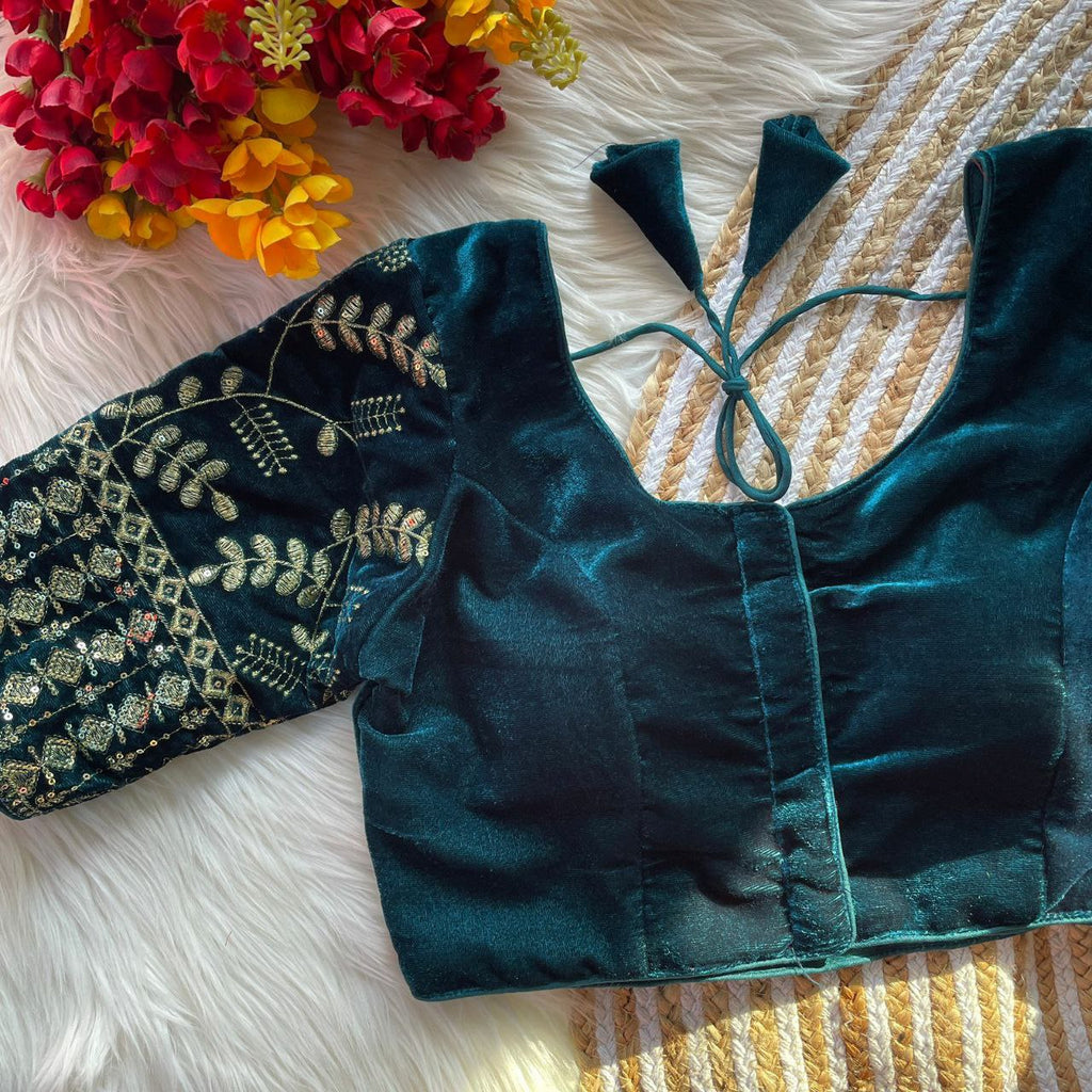 TRENDBUY Dark Teal Velvet Bridal Blouse with Gold Embroidery and Sequence Work