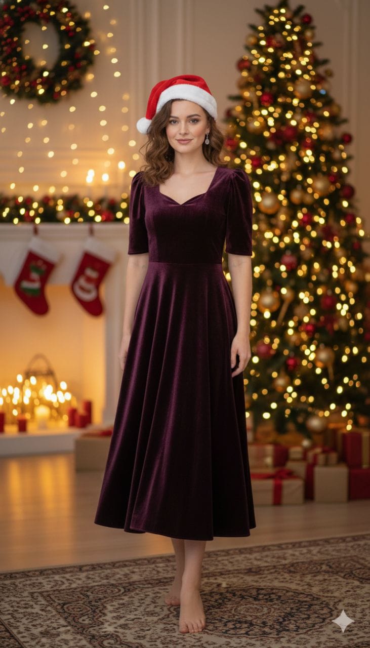 Woman in wine velvet midi dress with Christmas decor, Santa hat
