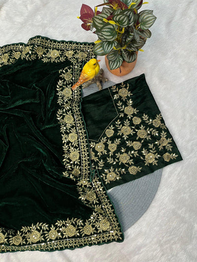 Velvet Embroidered Designer Saree for Women | Winter Festive Wear