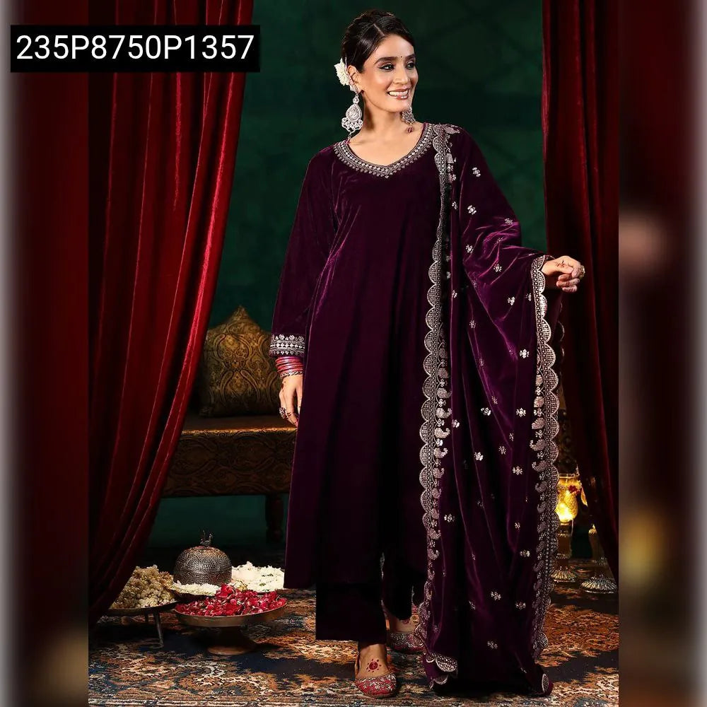 TRENDBUY Women's Velvet Embroidered Kurta Set in Plum, front view