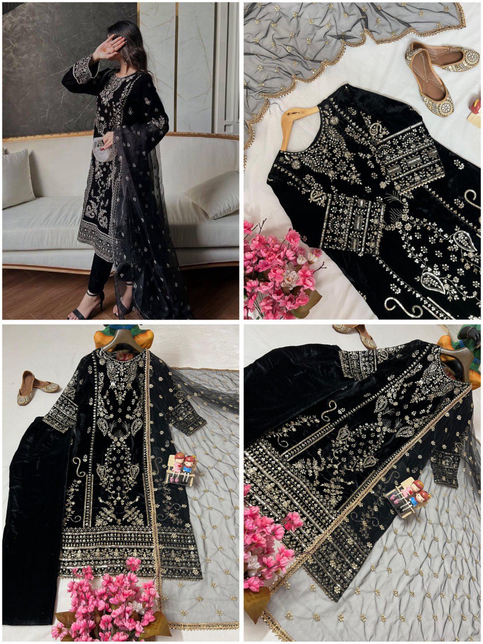 TRENDBUY Women's Black Velvet Embroidered Kurti-Pant Set