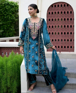 Velvet Embroidered Kurti Set for Women | Party Wear
