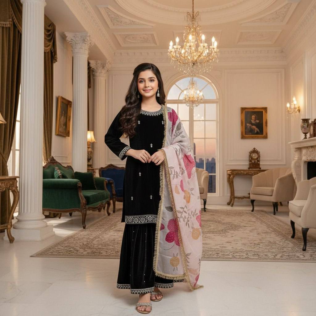 Young girl smiling in a black velvet embroidered plazzo set with a floral dupatta, standing in a grand room.