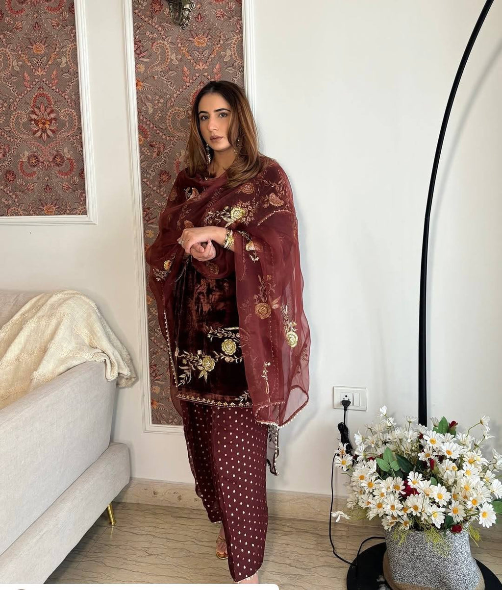 Model in elegant maroon velvet kurta palazzo suit with intricate gold embroidery and matching organza dupatta, posing frontally in a stylish interior.