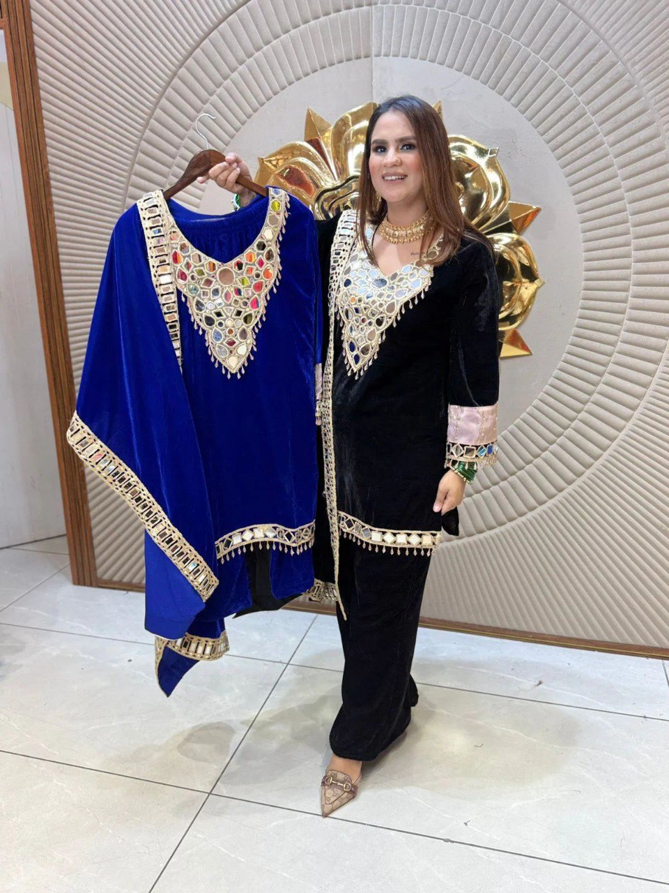 TRENDBUY Velvet Mirror Work Kurti Plazzo Set in Royal Blue and Black worn by model