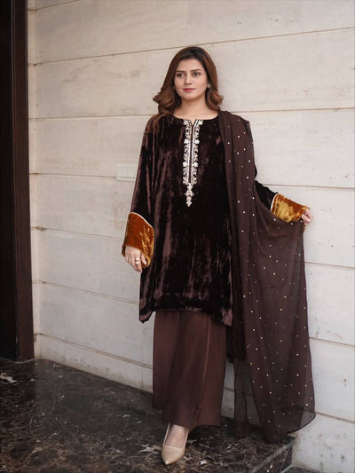 Velvet Sequence Embroidery Women's Plazzo Suit | Winter