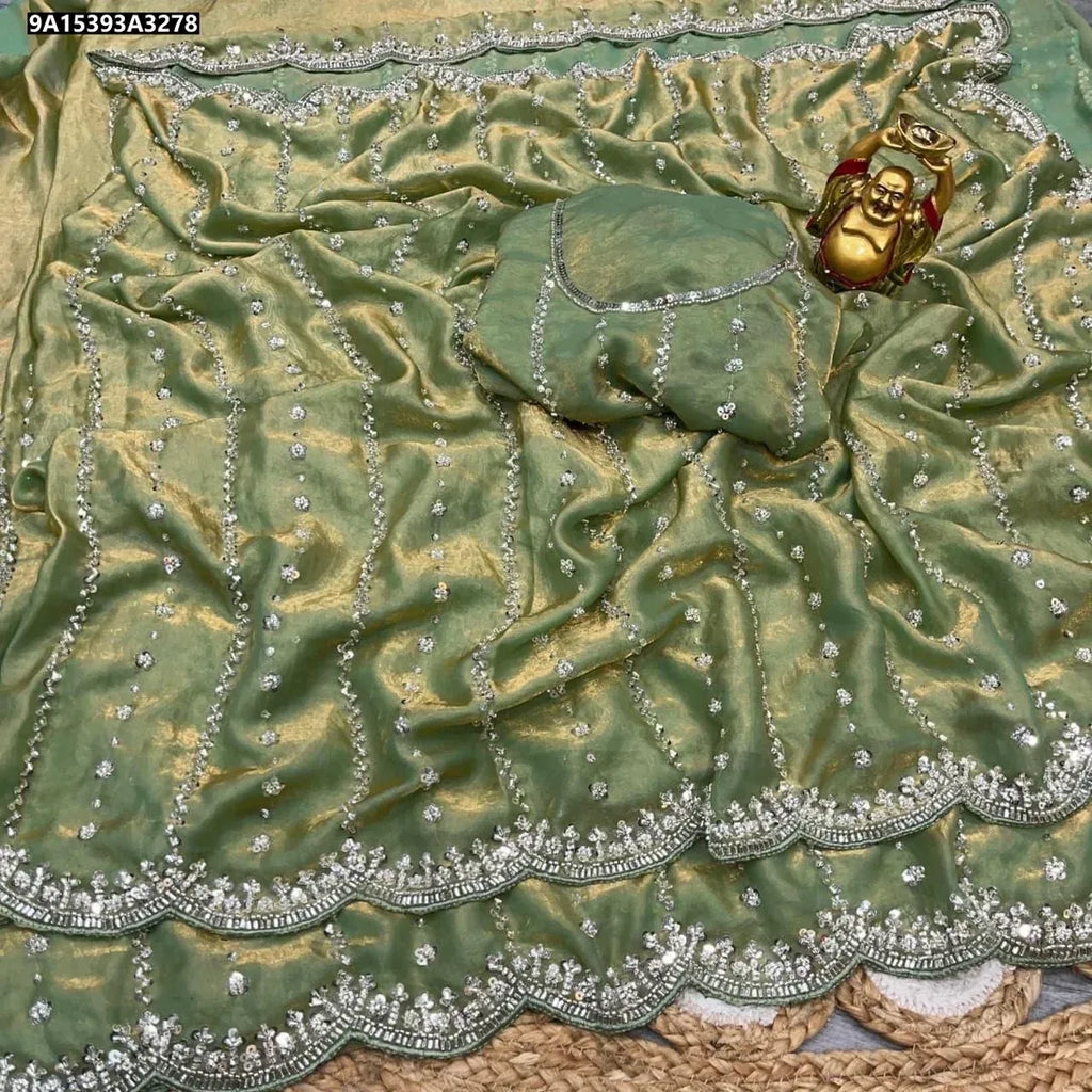 Seafoam Green Velvet Shine Saree with Sequence and Cutdana Handwork by TRENDBUY