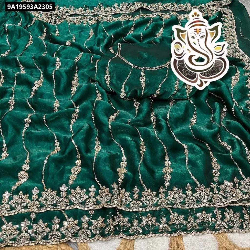 Emerald Green Velvet Shine Silk Saree with Gold Handwork and Blouse Piece