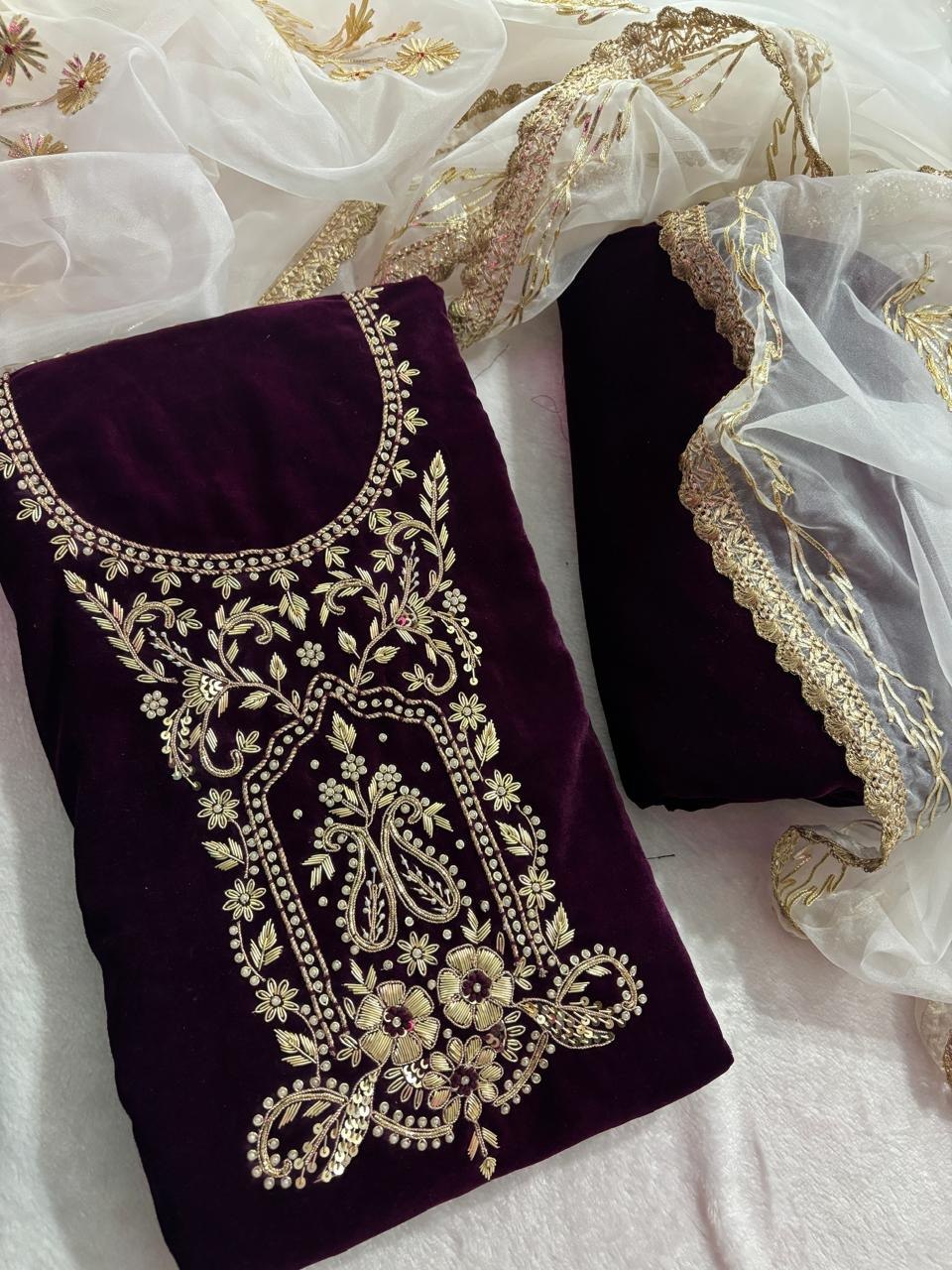Women's Wine Velvet Suit Set with Zardogi Handwork and Organza Gota Patti Dupatta by TRENDBUY