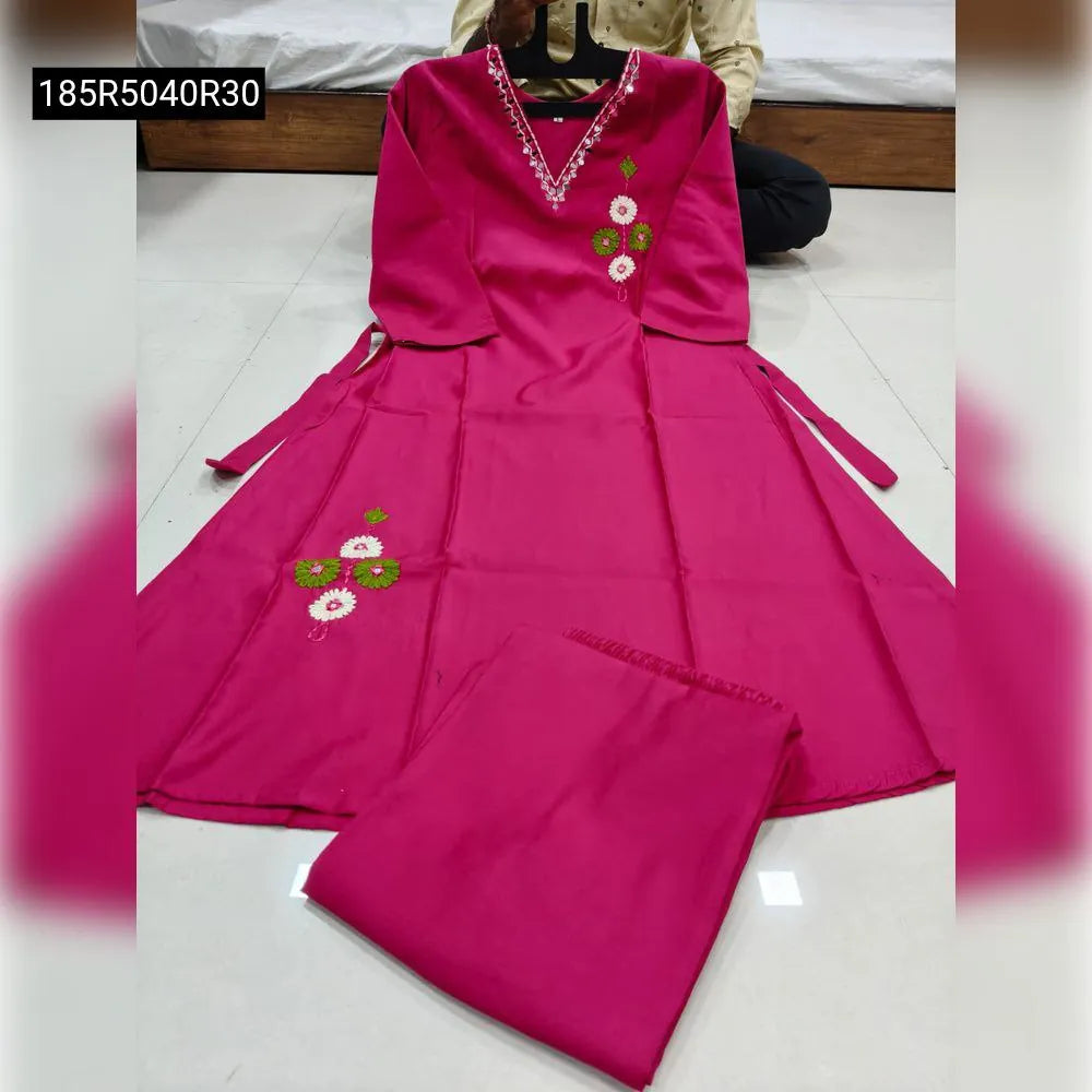 TRENDBUY Rani Pink A-Line Vertican Silk Kurti with Plazzo and handwork detailing, full outfit on hanger
