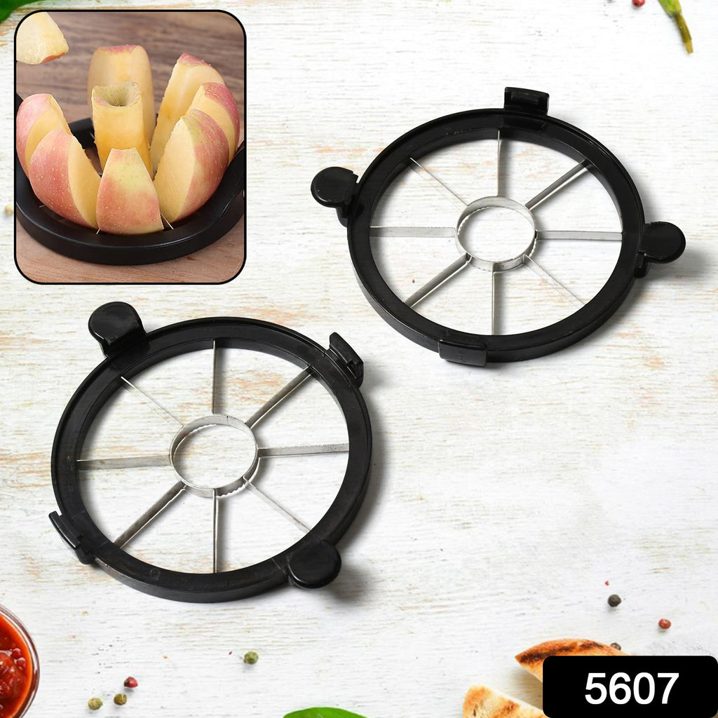 Stainless steel 8-blade apple slicer corer tool with a perfectly sliced apple and core.