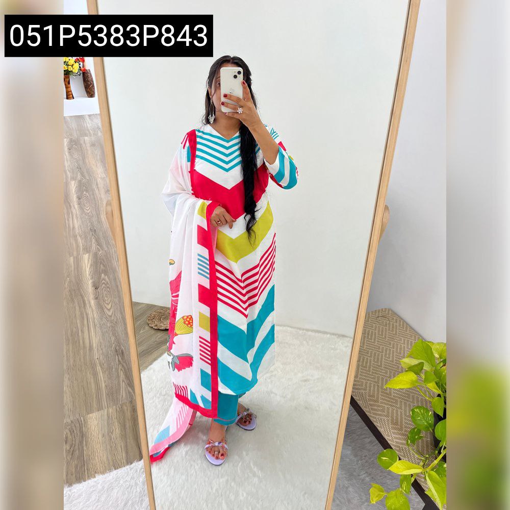 Full-body mirror selfie of a model wearing the vibrant digital print kurti set, showcasing the flowing dupatta and comfortable fit.