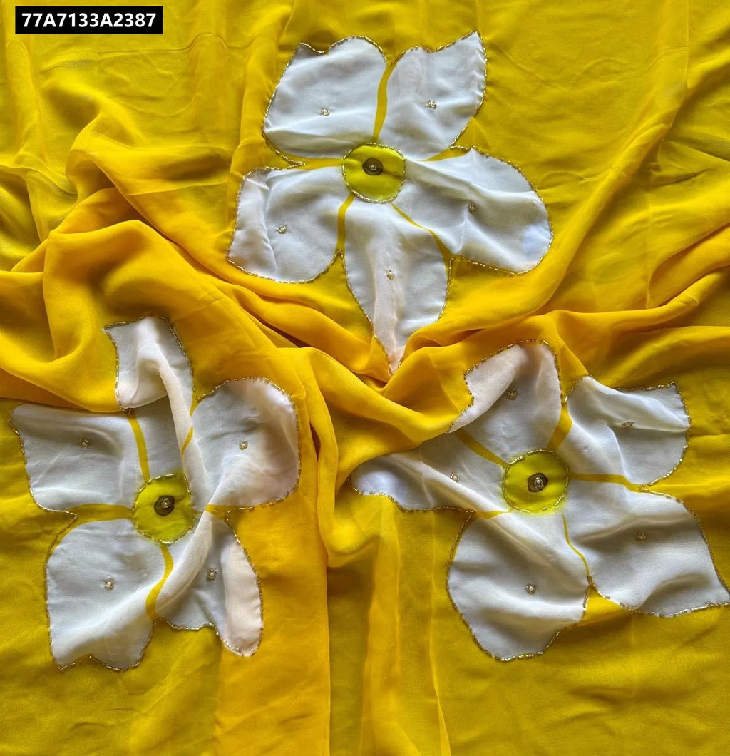 TRENDBUY Vibrant Yellow Floral Print Saree with Cutdana Handwork - Top View
