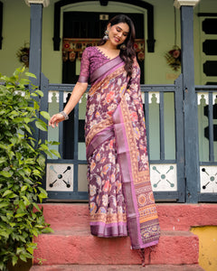 Vibrant Floral Pure Linen Women's Saree | Festive & Wedding by ROYAL