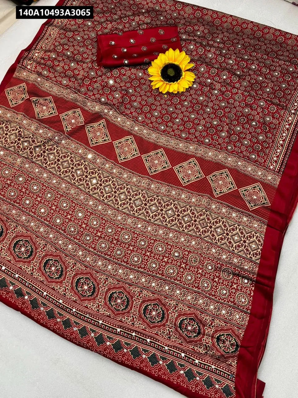 Exclusive Handcrafted Gajji Silk Bandhej Saree with Mirror Work