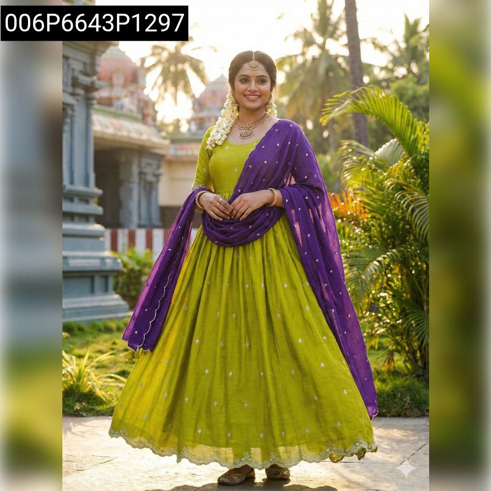 Smiling woman posing in a vibrant Neon Lime Sequence Anarkali Suit Set with a Purple Dupatta, outdoor temple background