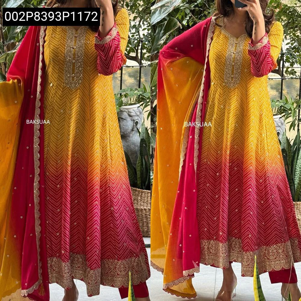 Full body shot of a model gracefully posing in the yellow and red ombre embroidered kurta set, highlighting the outfit's flow and design.