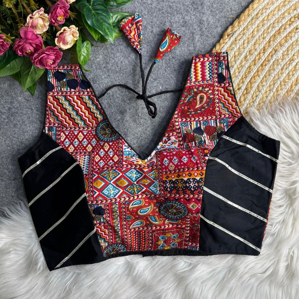 TRENDBUY Black Patchwork Printed Rayon Blouse with Gotta Lace for Women - Front View